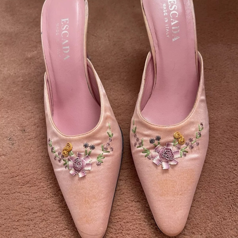 Escada Authentic Pink Silk Kitten Heel Mules Size 7.5B